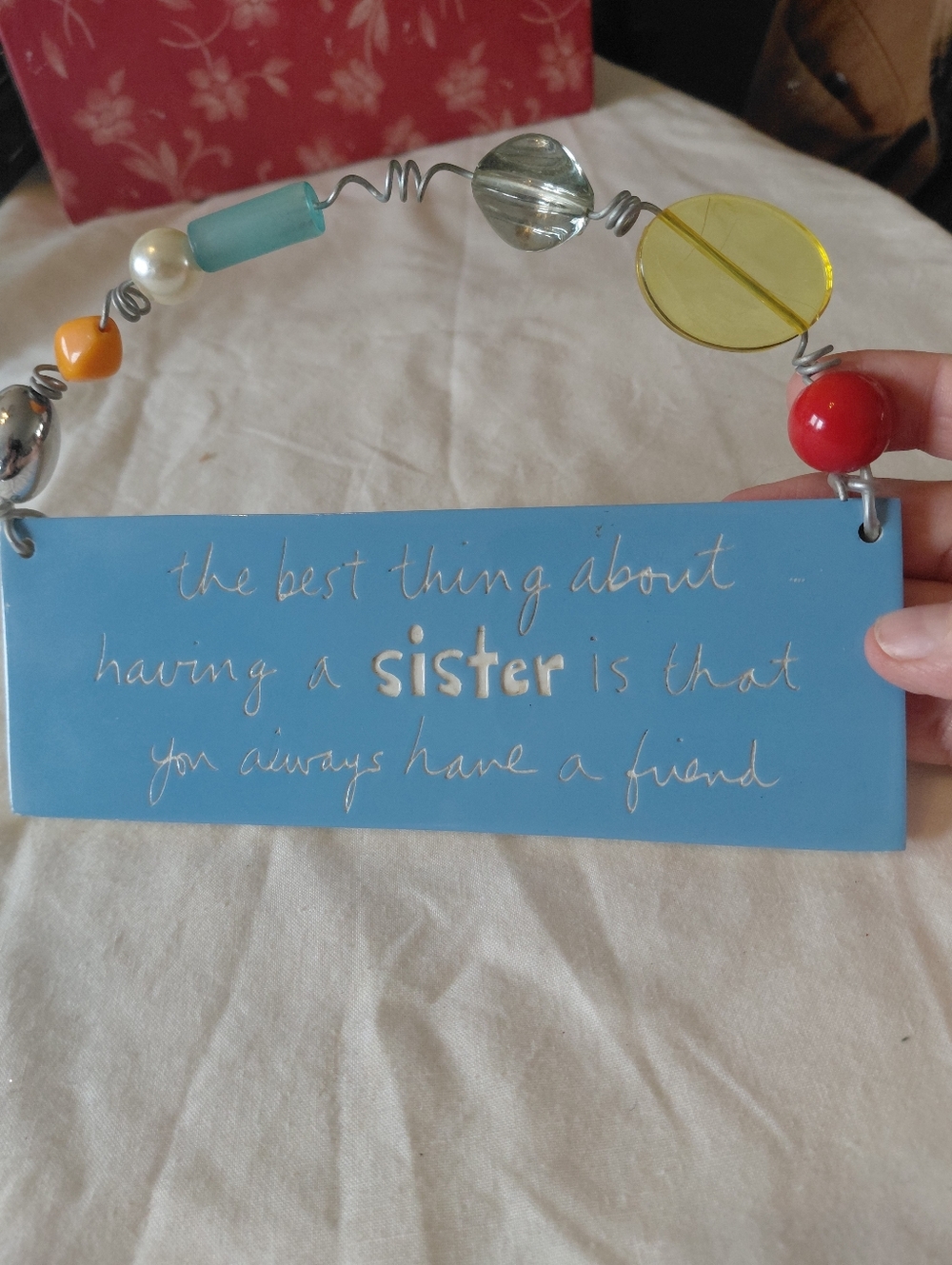 Blue 'Sister' Sentiment Wall Plaque with Colorful Bead Hanger